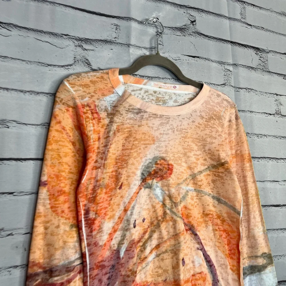 Before + Again Orange Red Graphic Long Sleeve Crew Shirt True to Size Women’s S - Picture 3 of 15